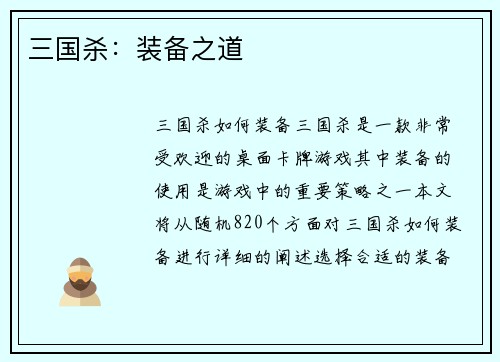 三国杀：装备之道